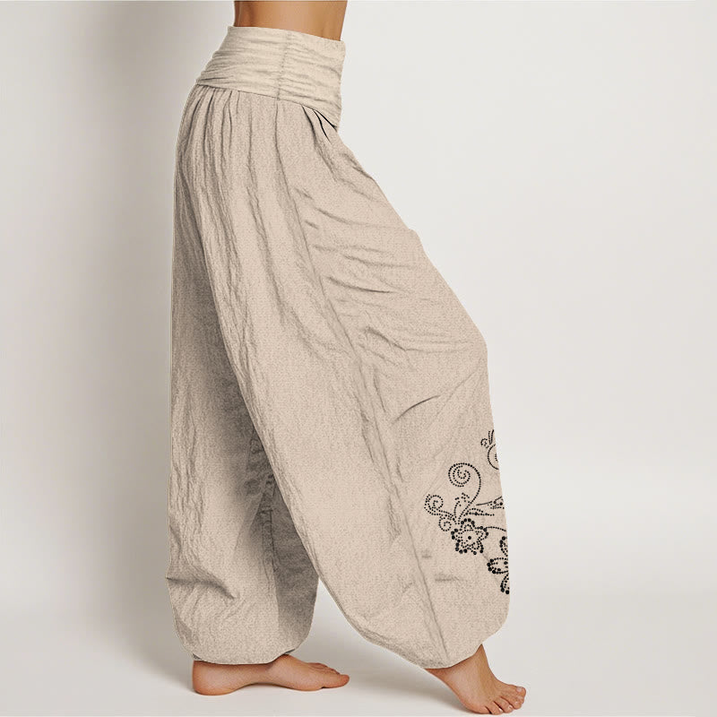 Buddha Stones Pantalones harén de algodón puro con estampado de flores de vid y cintura elástica para mujer - image 13