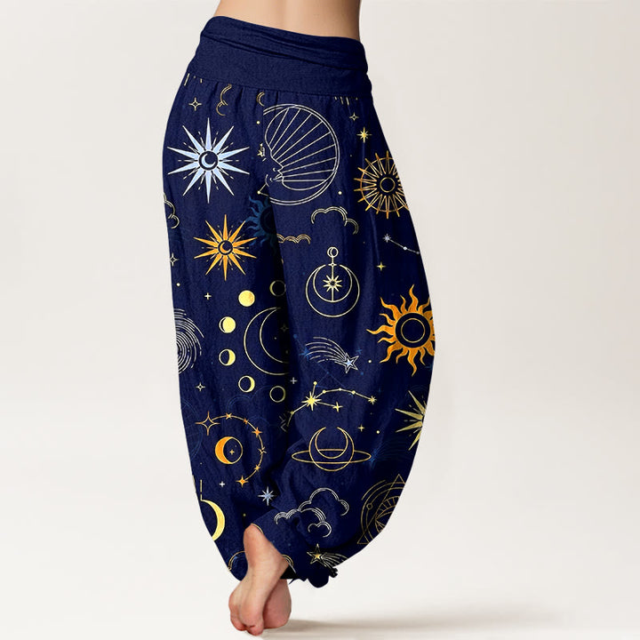 Buddha Stones Pantalones harén de algodón con estampado de constelación de luna, sol, nubes y estrellas para mujer, con cintura elástica - image 1