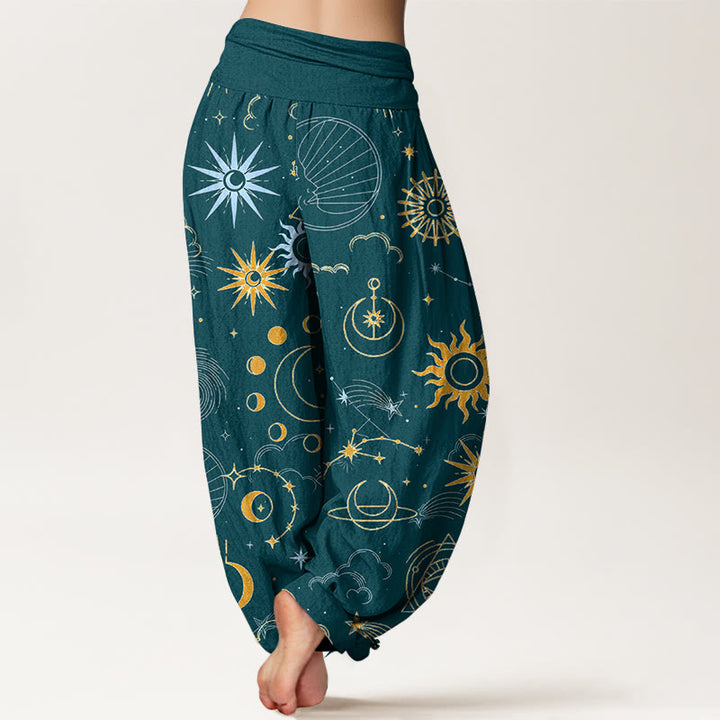 Buddha Stones Pantalones harén de algodón con estampado de constelación de luna, sol, nubes y estrellas para mujer, con cintura elástica - image 6