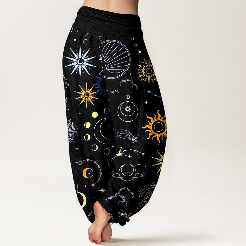 Buddha Stones Pantalones harén de algodón con estampado de constelación de luna, sol, nubes y estrellas para mujer, con cintura elástica - image 9