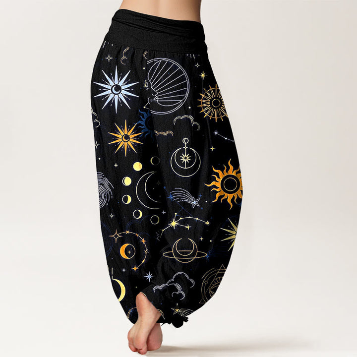 Buddha Stones Pantalones harén de algodón con estampado de constelación de luna, sol, nubes y estrellas para mujer, con cintura elástica - image 9