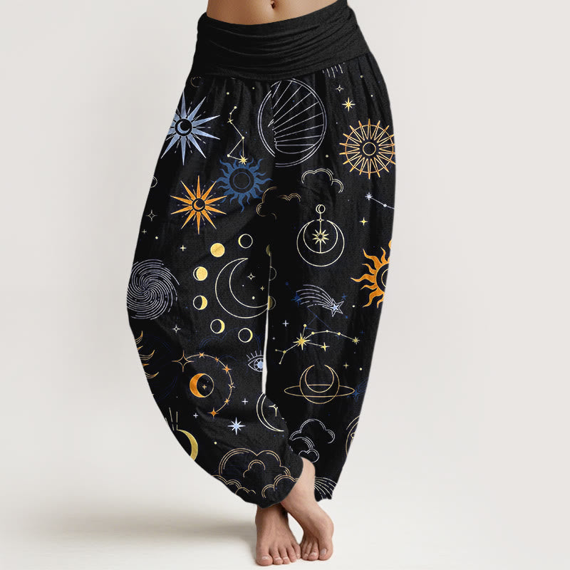 Buddha Stones Pantalones harén de algodón con estampado de constelación de luna, sol, nubes y estrellas para mujer, con cintura elástica - Negro - US16，UK/AU20，EU48 (3XL) - image 8
