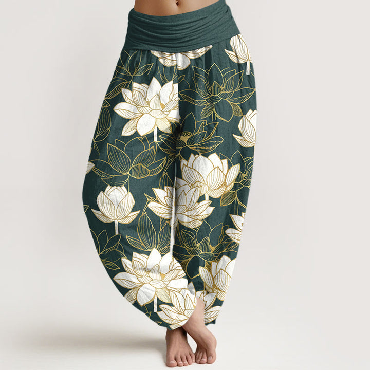 Buddha Stones Pantalones harén de algodón con cintura elástica y estampado de flor de loto para mujer - Verde oscuro - US16，UK/AU20，EU48 (3XL) - image 0