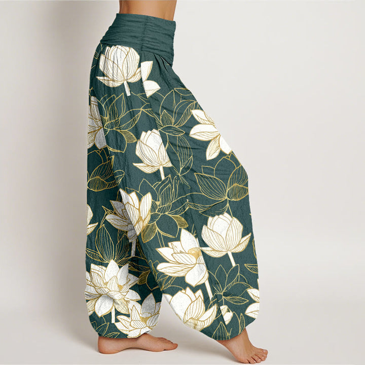 Buddha Stones Pantalones harén de algodón con cintura elástica y estampado de flor de loto para mujer - image 2
