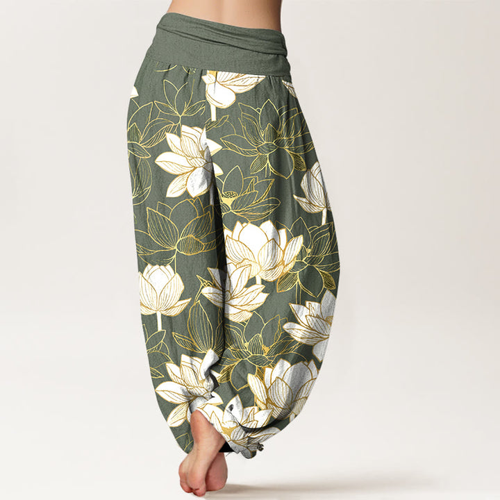 Buddha Stones Pantalones harén de algodón con cintura elástica y estampado de flor de loto para mujer - image 9