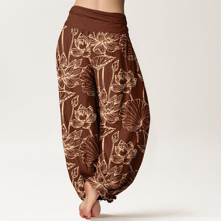 Buddha Stones Pantalones harén de algodón elegantes y refinados con estampado de hojas de loto para mujer, cintura elástica - image 7