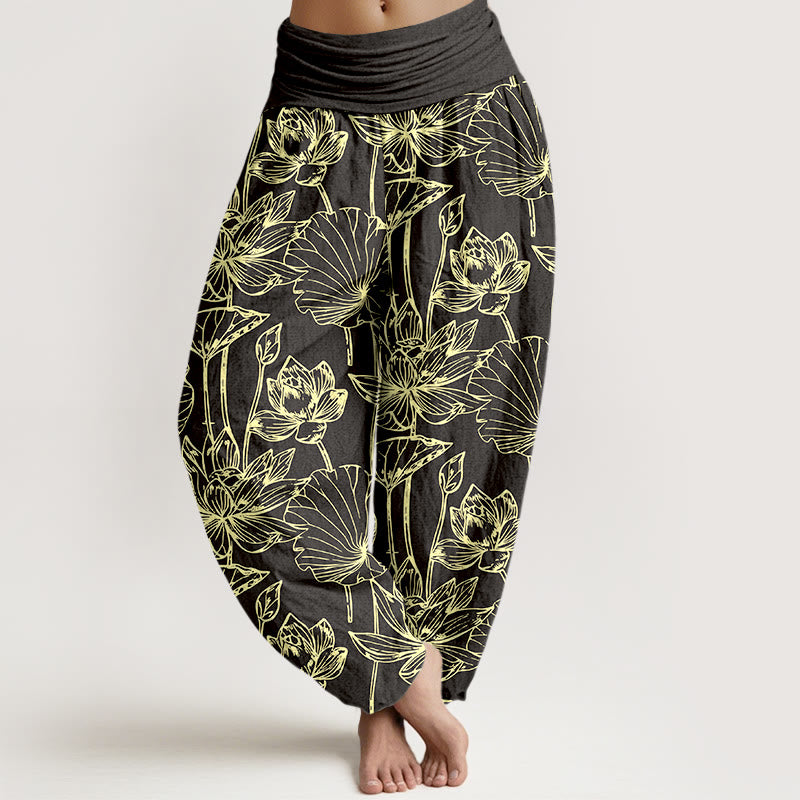 Buddha Stones Pantalones harén de algodón elegantes y refinados con estampado de hojas de loto para mujer, cintura elástica - Negro - US16，UK/AU20，EU48 (3XL) - image 8
