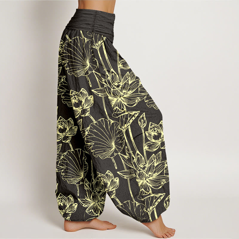 Buddha Stones Pantalones harén de algodón elegantes y refinados con estampado de hojas de loto para mujer, cintura elástica - image 10