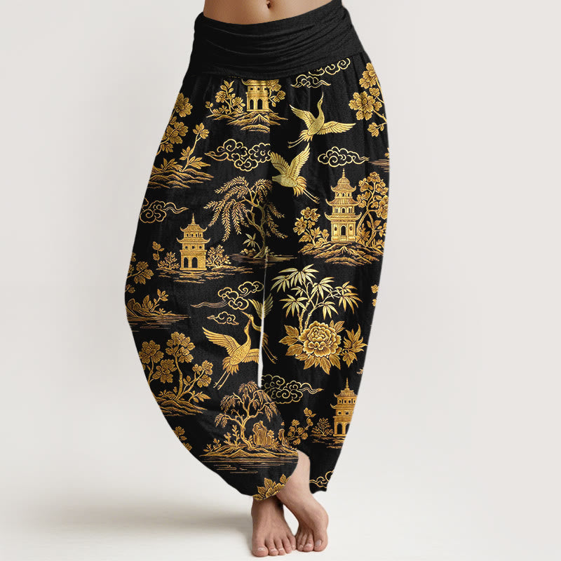 Buddha Stones Pantalones harén de algodón con cintura elástica para mujer, con diseño de grulla de árbol, arquitectura, nubes y peonías - Negro - US16，UK/AU20，EU48 (3XL) - image 0