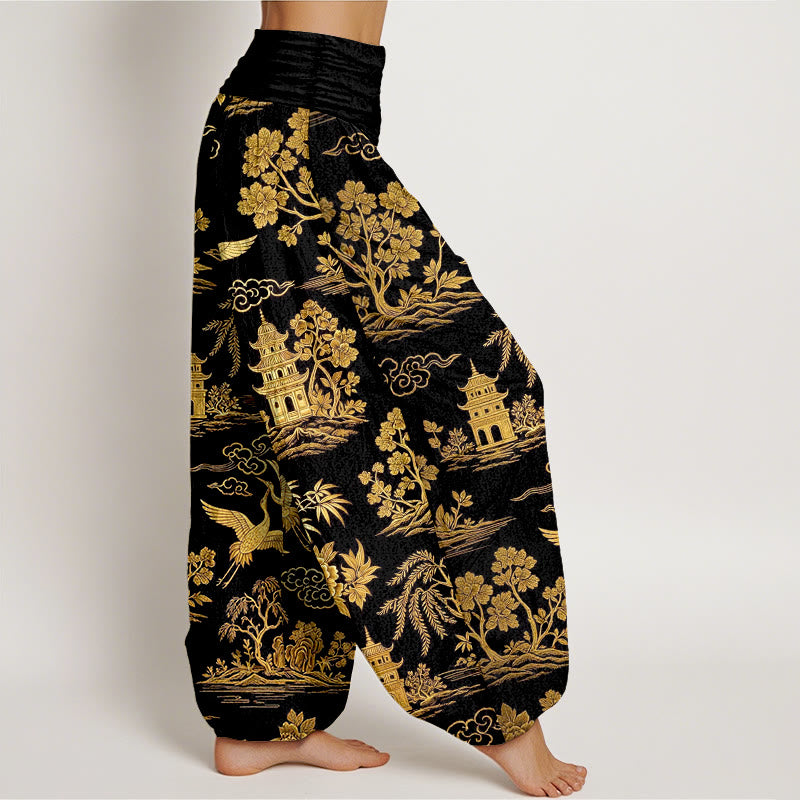 Buddha Stones Pantalones harén de algodón con cintura elástica para mujer, con diseño de grulla de árbol, arquitectura, nubes y peonías - image 2