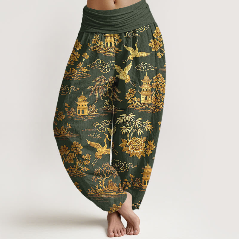 Buddha Stones Pantalones harén de algodón con cintura elástica para mujer, con diseño de grulla de árbol, arquitectura, nubes y peonías - Verde oliva oscuro - US16，UK/AU20，EU48 (3XL) - image 5