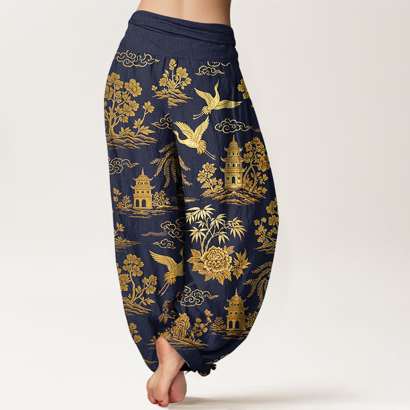 Buddha Stones Pantalones harén de algodón con cintura elástica para mujer, con diseño de grulla de árbol, arquitectura, nubes y peonías - image 9