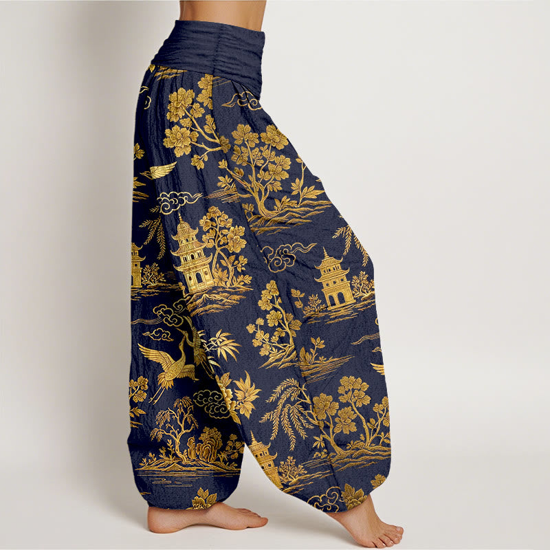 Buddha Stones Pantalones harén de algodón con cintura elástica para mujer, con diseño de grulla de árbol, arquitectura, nubes y peonías - image 10