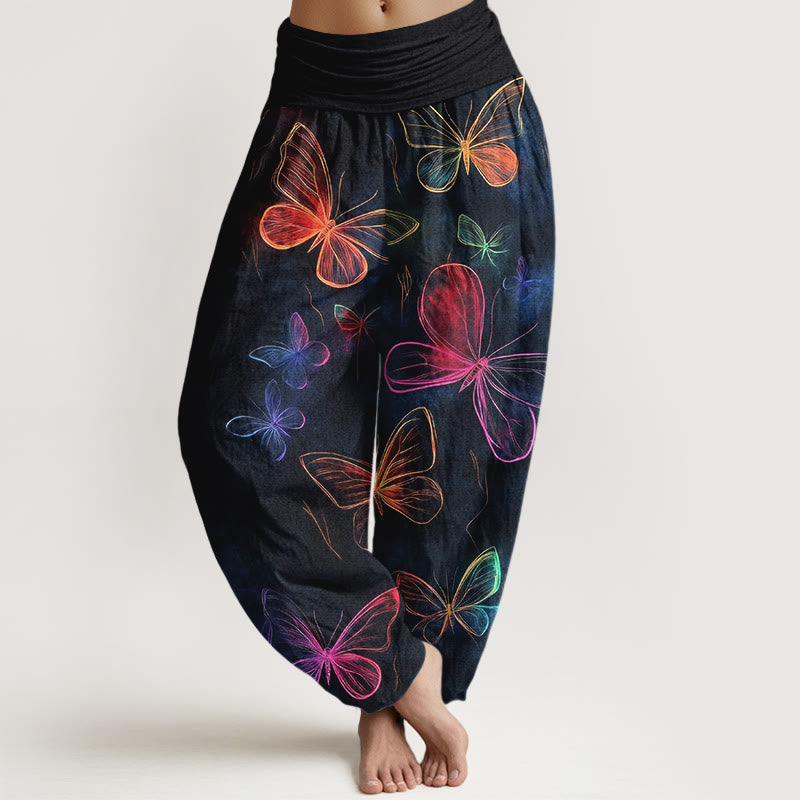 Buddha Stones Pantalones harén de algodón con cintura elástica y estampado de mariposas para mujer - Negro - US16，UK/AU20，EU48 (3XL) - image 0