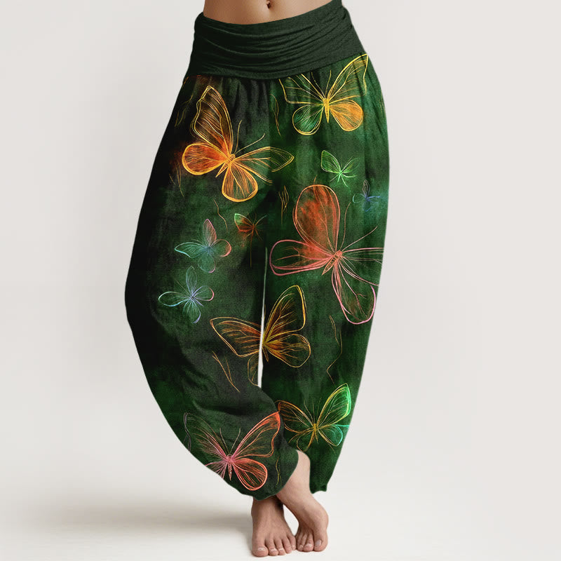 Buddha Stones Pantalones harén de algodón con cintura elástica y estampado de mariposas para mujer - Verde oscuro - US16，UK/AU20，EU48 (3XL) - image 8