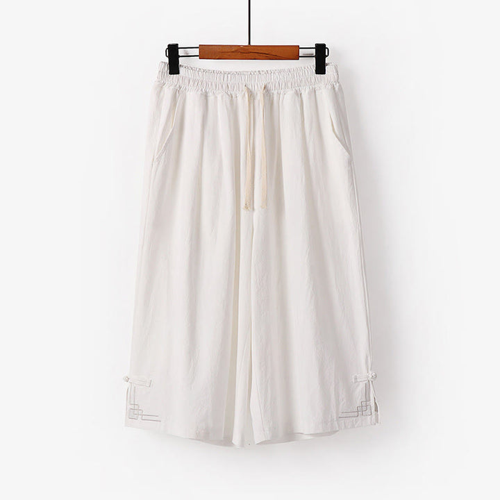 Buddha Stones Pantalones capri de lino y algodón para hombre, de pierna ancha, con bolsillos y diseño sencillo con cordón ajustable - Blanco - US/UK/AU54, EU64 (9XL) - image 10