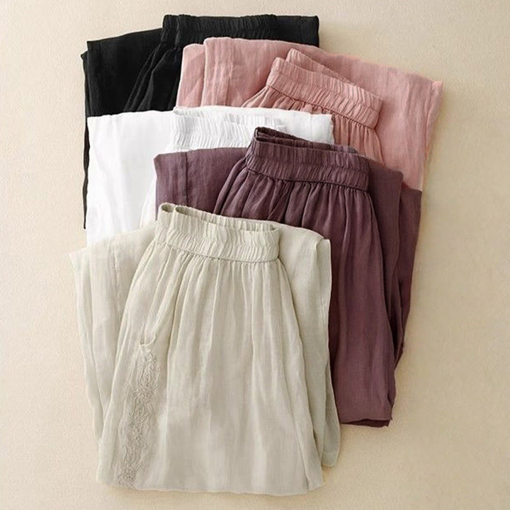 Pantalones anchos para mujer con diseño de Buddha Stones bordadas en el lateral, de largo 7-8, con bolsillos - image 17
