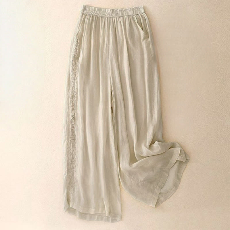 Pantalones anchos para mujer con diseño de Buddha Stones bordadas en el lateral, de largo 7-8, con bolsillos - Chifón de limón - US12, UK/AU16, EU44 (3XL) - image 5