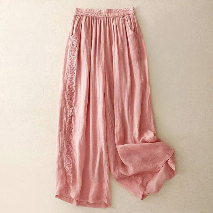 Pantalones anchos para mujer con diseño de Buddha Stones bordadas en el lateral, de largo 7-8, con bolsillos - Rosa - US12, UK/AU16, EU44 (3XL) - image 15
