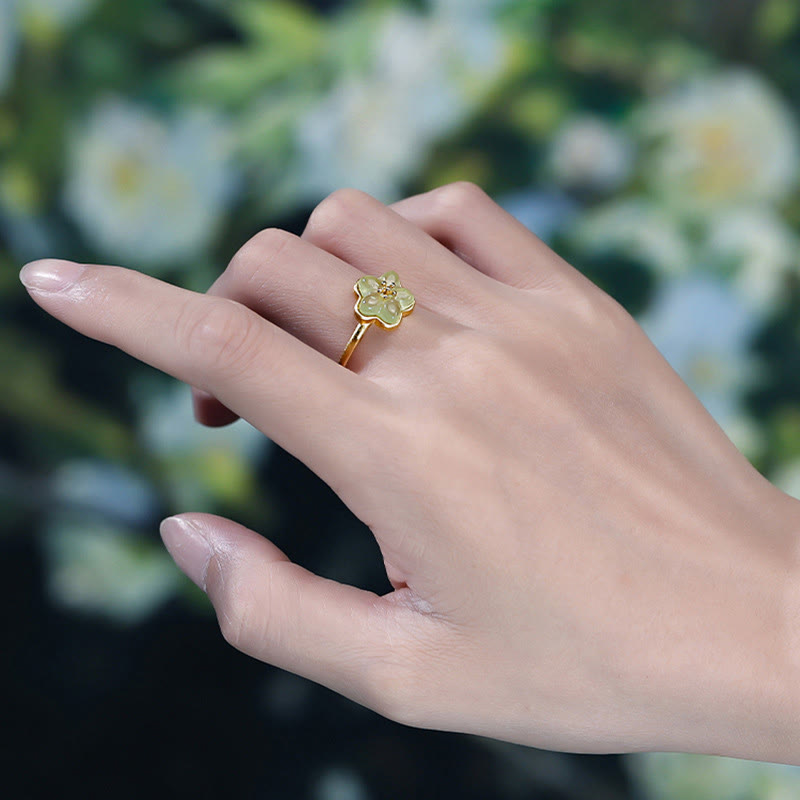 Buddha Stones Anillo de la suerte de cobre y jade hetiano con flor de ciruelo - image 8