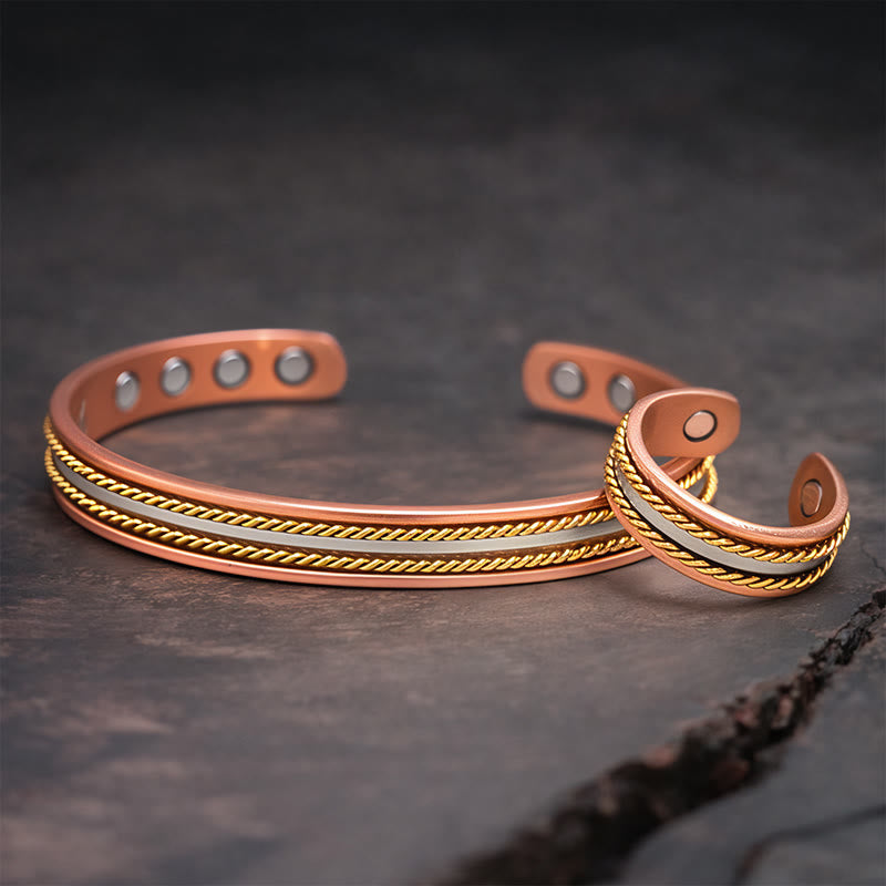 Buddha Stones Brazalete de cobre con diseño retorcido retro y abierto para la suerte y la riqueza - Una pulsera y un anillo - image 1