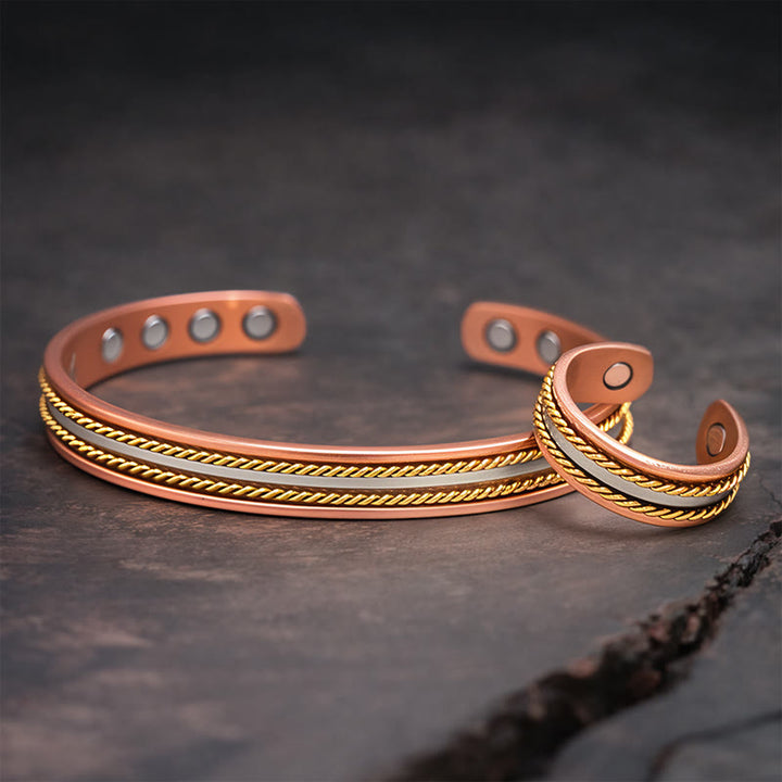 Buddha Stones Brazalete de cobre con diseño retorcido retro y abierto para la suerte y la riqueza - Una pulsera y un anillo - image 1