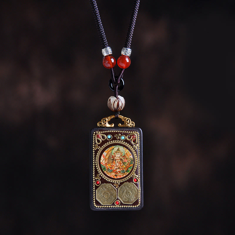 Buddha Stones Thangka Yin Yang - Collar con colgante de equilibrio de zakiram de madera de ébano con monedas de cobre - Bodhisattva Manjushri de madera de ébano - image 4