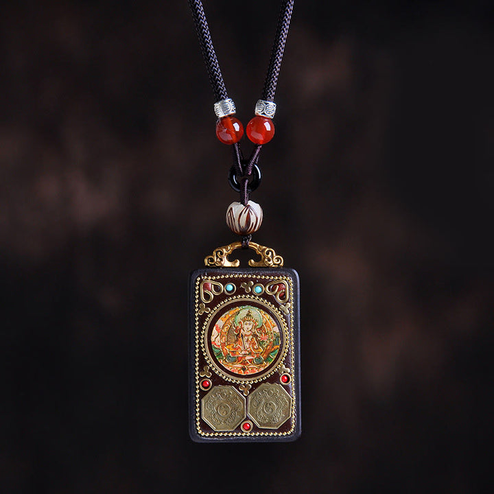 Buddha Stones Thangka Yin Yang - Collar con colgante de equilibrio de zakiram de madera de ébano con monedas de cobre - Bodhisattva Manjushri de madera de ébano - image 4