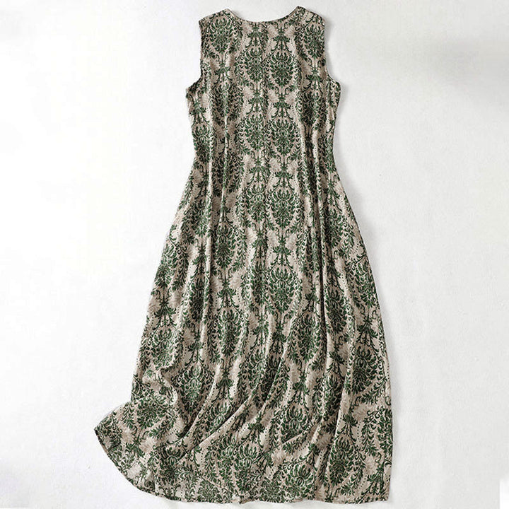 Buddha Stones Vestido largo sin mangas con cuello redondo y diseño sencillo con estampado de verano para viajar - image 2