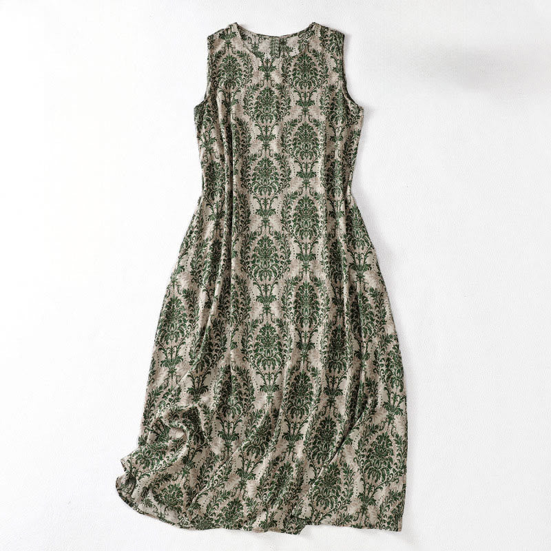 Buddha Stones Vestido largo sin mangas con cuello redondo y diseño sencillo con estampado de verano para viajar - Verde oscuro - US14，UK/AU18，EU46 (2XL) - image 1
