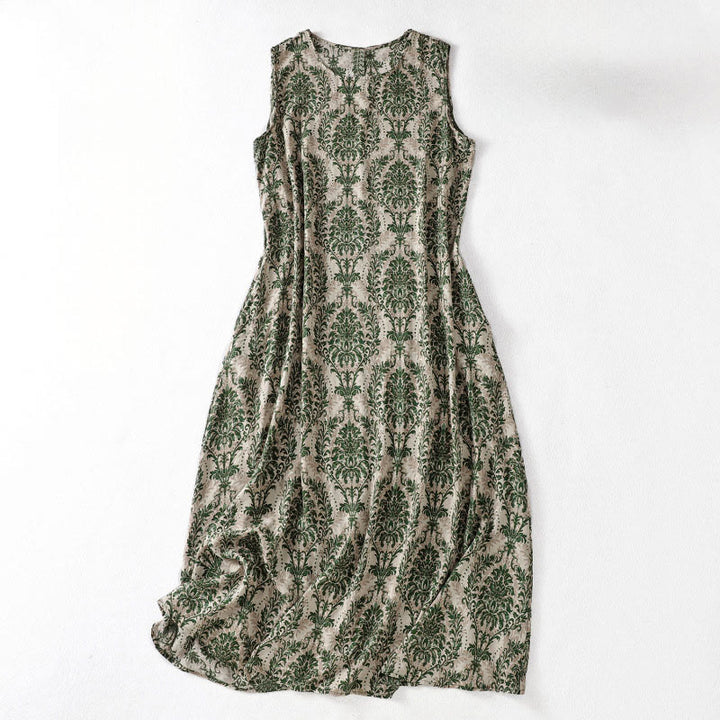 Buddha Stones Vestido largo sin mangas con cuello redondo y diseño sencillo con estampado de verano para viajar - Verde oscuro - US14，UK/AU18，EU46 (2XL) - image 1