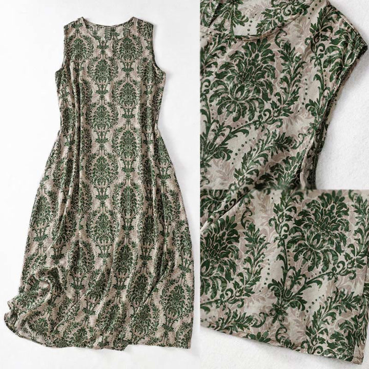 Buddha Stones Vestido largo sin mangas con cuello redondo y diseño sencillo con estampado de verano para viajar - image 3