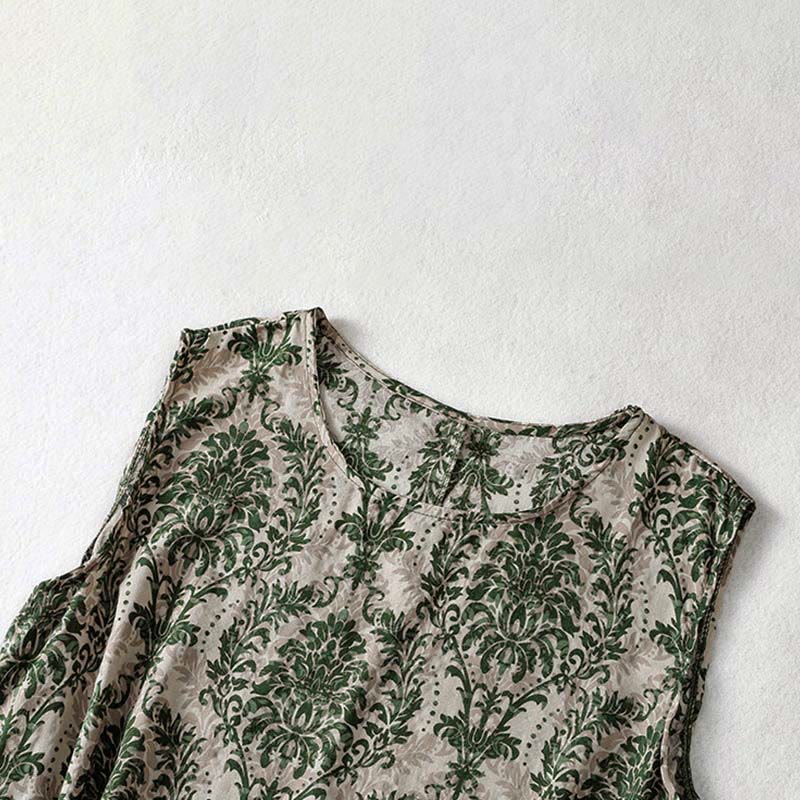 Buddha Stones Vestido largo sin mangas con cuello redondo y diseño sencillo con estampado de verano para viajar - image 4