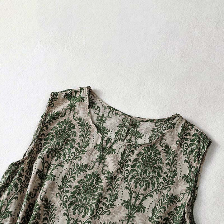 Buddha Stones Vestido largo sin mangas con cuello redondo y diseño sencillo con estampado de verano para viajar - image 4