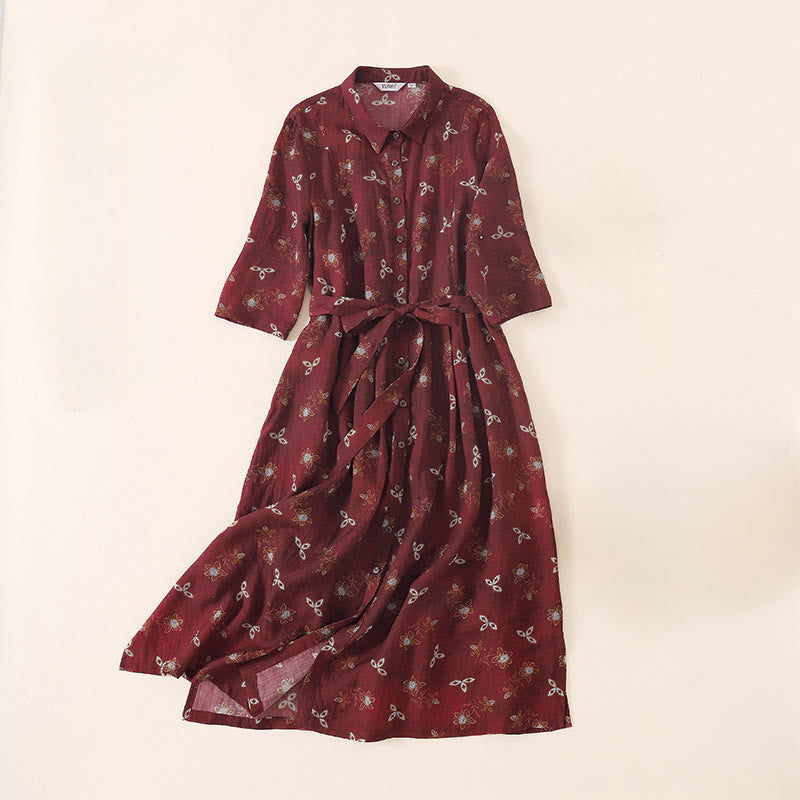 Buddha Stones Vestido midi de media manga con botones, cordones y estampado floral de verano con bolsillos - Rojo oscuro - US12, UK/AU16, EU44 (3XL) - image 0