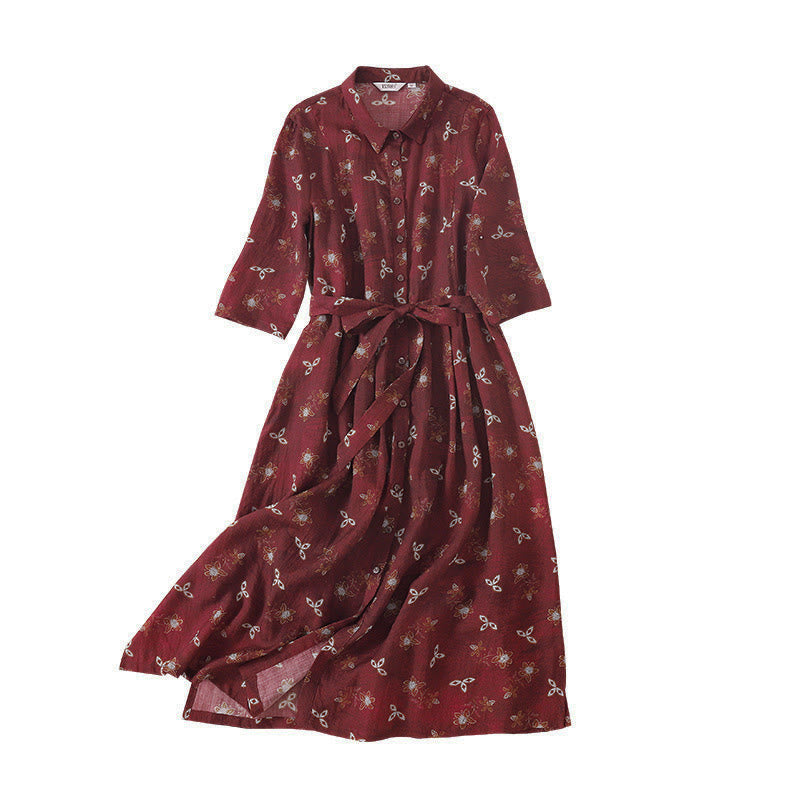 Buddha Stones Vestido midi de media manga con botones, cordones y estampado floral de verano con bolsillos - image 10