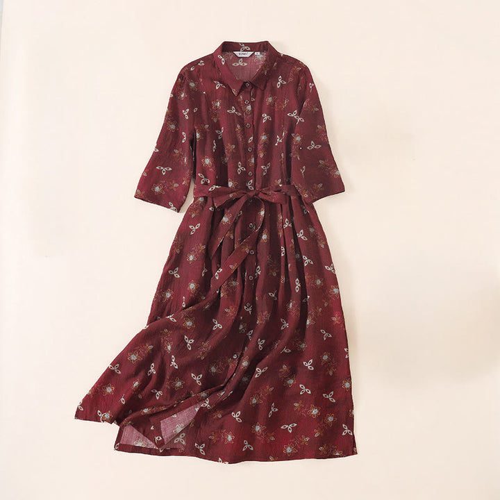 Buddha Stones Vestido midi de media manga con botones, cordones y estampado floral de verano con bolsillos - Rojo oscuro - US12, UK/AU16, EU44 (3XL) - image 0