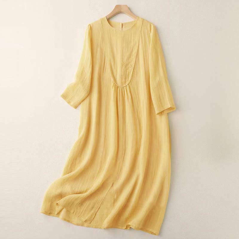 Buddha Stones Vestido midi de algodón de manga larga con cuello redondo y bordado de color liso Commute de doble capa - Oro - US8-10，UK/AU12-14，EU40-42 (2XL) - image 0