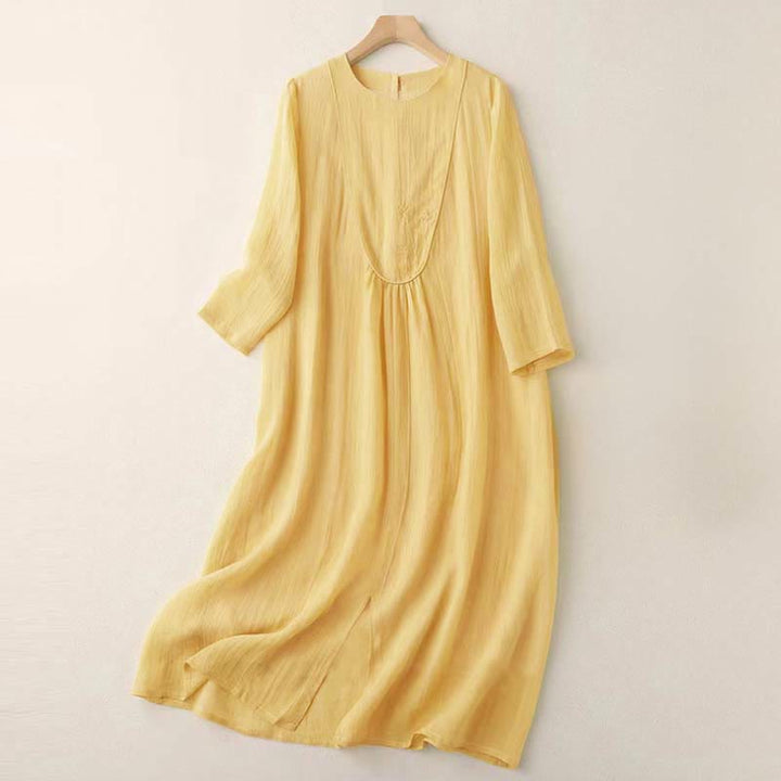 Buddha Stones Vestido midi de algodón de manga larga con cuello redondo y bordado de color liso Commute de doble capa - Oro - US8-10，UK/AU12-14，EU40-42 (2XL) - image 0