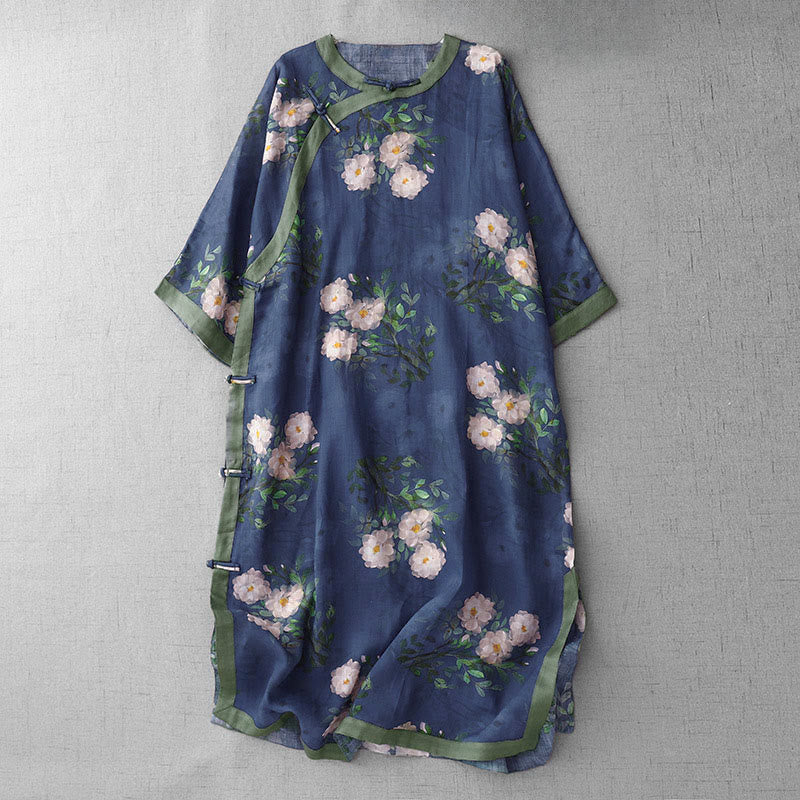 Buddha Stones Vestido midi de media manga con estampado de flores de orquídea y granada y botones de rana, abertura lateral - Azul oscuro - US12, UK/AU16, EU44 (2XL) - image 12