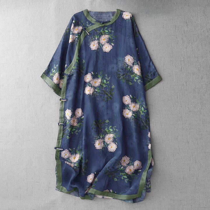 Buddha Stones Vestido midi de media manga con estampado de flores de orquídea y granada y botones de rana, abertura lateral - Azul oscuro - US12, UK/AU16, EU44 (2XL) - image 12