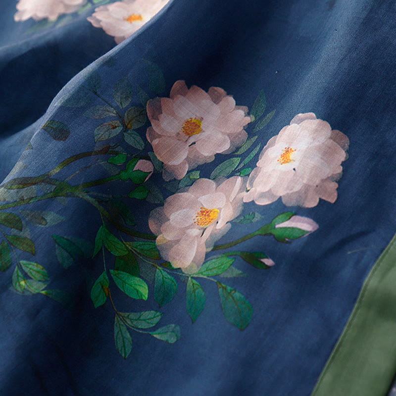 Buddha Stones Vestido midi de media manga con estampado de flores de orquídea y granada y botones de rana, abertura lateral - image 14