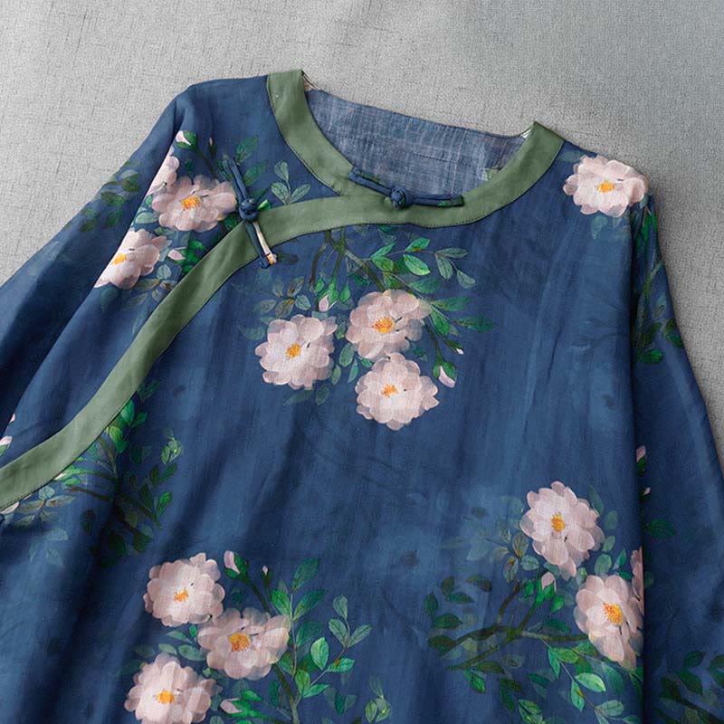 Buddha Stones Vestido midi de media manga con estampado de flores de orquídea y granada y botones de rana, abertura lateral - image 13