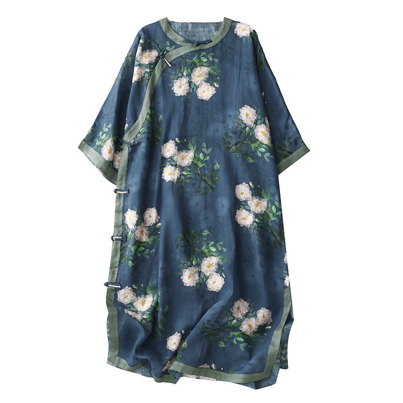 Buddha Stones Vestido midi de media manga con estampado de flores de orquídea y granada y botones de rana, abertura lateral - image 20
