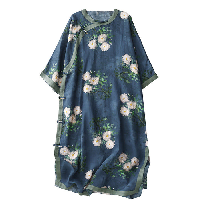 Buddha Stones Vestido midi de media manga con estampado de flores de orquídea y granada y botones de rana, abertura lateral - image 20