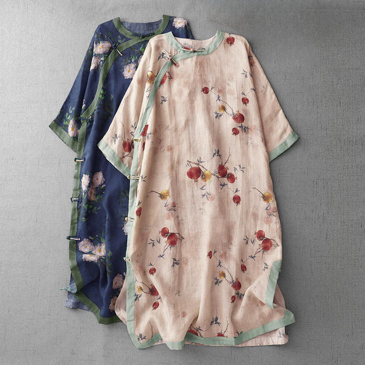 Buddha Stones Vestido midi de media manga con estampado de flores de orquídea y granada y botones de rana, abertura lateral - image 0