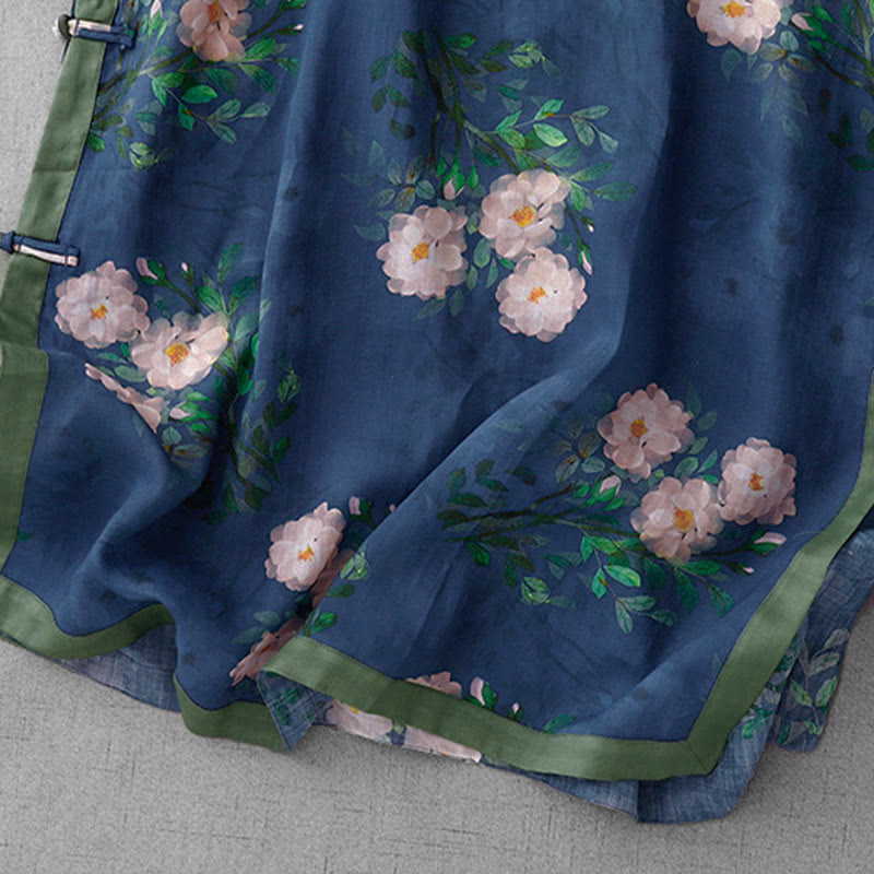 Buddha Stones Vestido midi de media manga con estampado de flores de orquídea y granada y botones de rana, abertura lateral - image 19