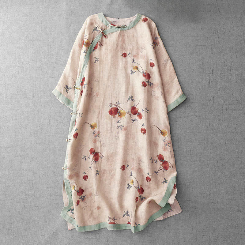 Buddha Stones Vestido midi de media manga con estampado de flores de orquídea y granada y botones de rana, abertura lateral - PeachPuff - US12, UK/AU16, EU44 (2XL) - image 1