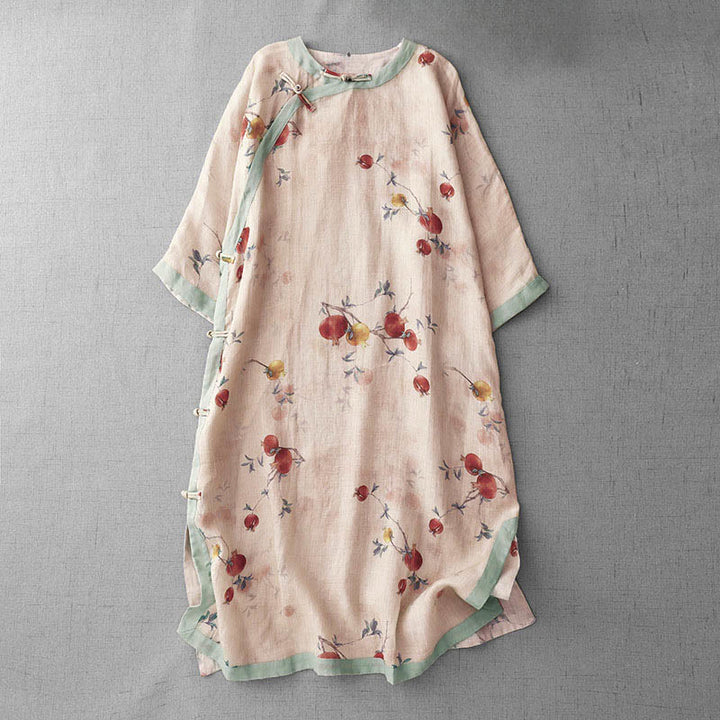 Buddha Stones Vestido midi de media manga con estampado de flores de orquídea y granada y botones de rana, abertura lateral - PeachPuff - US12, UK/AU16, EU44 (2XL) - image 1