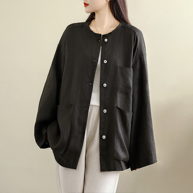 Buddha Stones Camisa de algodón lisa de manga larga con cuello redondo y bolsillos para mujer - Negro - US8-10，UK/AU12-14，EU40-42 (2XL) - image 0